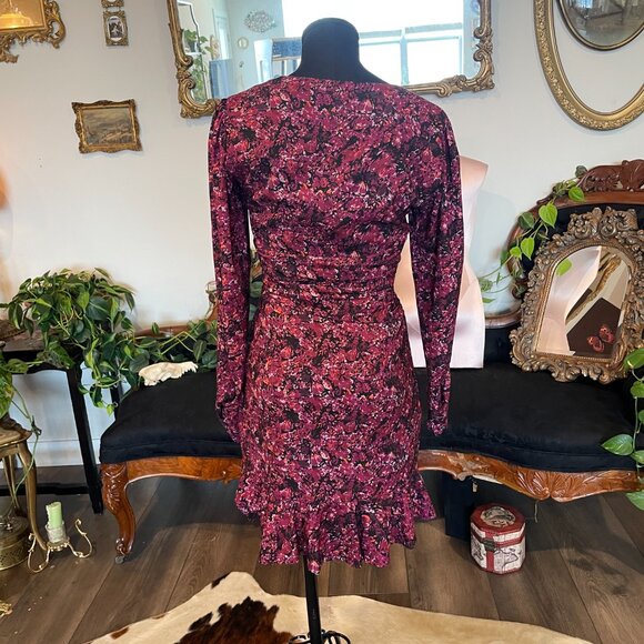 Parker Alison Floral Long Sleeve Ruffle A-Line Dress V-Neck Size 2 Purple - Picture 3 of 3